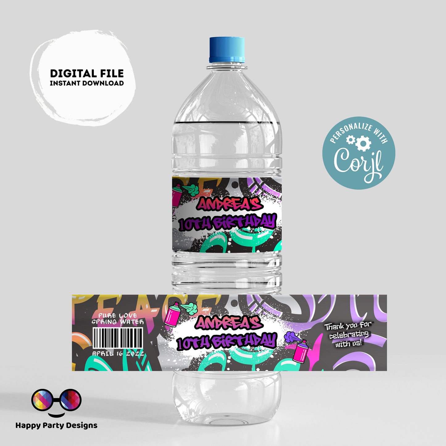 Editable Graffiti water bottle labels | digital labels |  printable graffiti labels |  graffiti party |  bottle labels  | Birthday Girl #K2