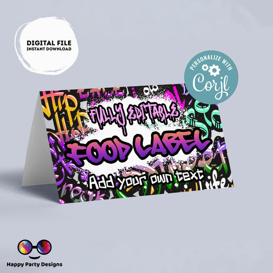 Editable Graffiti Birthday food tent | graffiti party | buffet labels | Graffiti birthday party | food label template | throwback party #K2