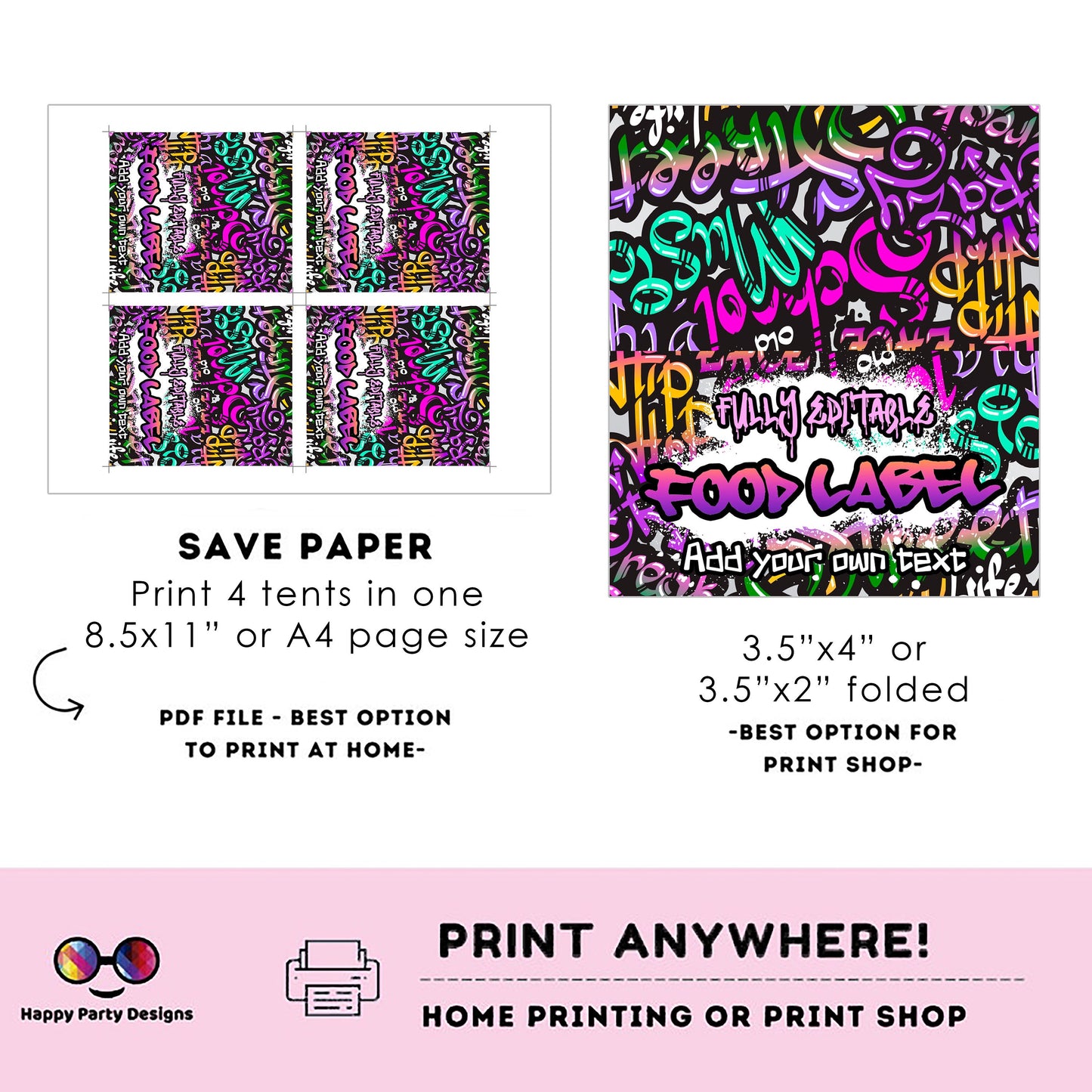 Editable Graffiti Birthday food tent | graffiti party | buffet labels | Graffiti birthday party | food label template | throwback party #K2