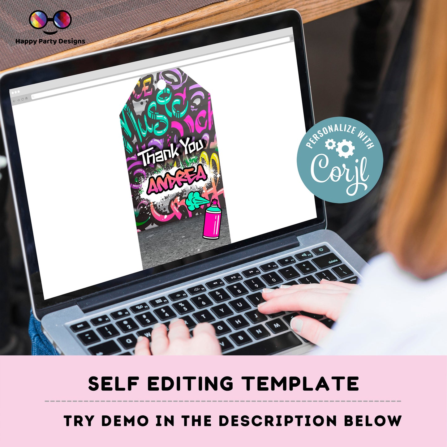 Editable Graffiti Thank you tag | Digital graffiti printable thank you tag  | Birthday girl | Graffiti Thank You | Personalize Online #K2