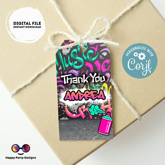 Editable Graffiti Thank you tag | Digital graffiti printable thank you tag  | Birthday girl | Graffiti Thank You | Personalize Online #K2