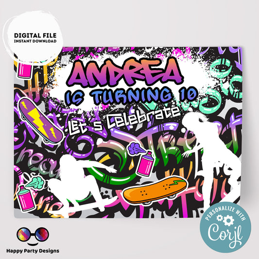 Editable Graffiti placemat | Digital graffiti printable placemat  | Birthday girl | Graffiti placemat | Personalize Online #K2