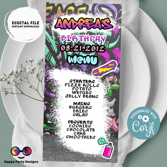 Editable Graffiti Menu | Digital graffiti printable menu  | Birthday girl | Graffiti menu | Personalize Online #K2