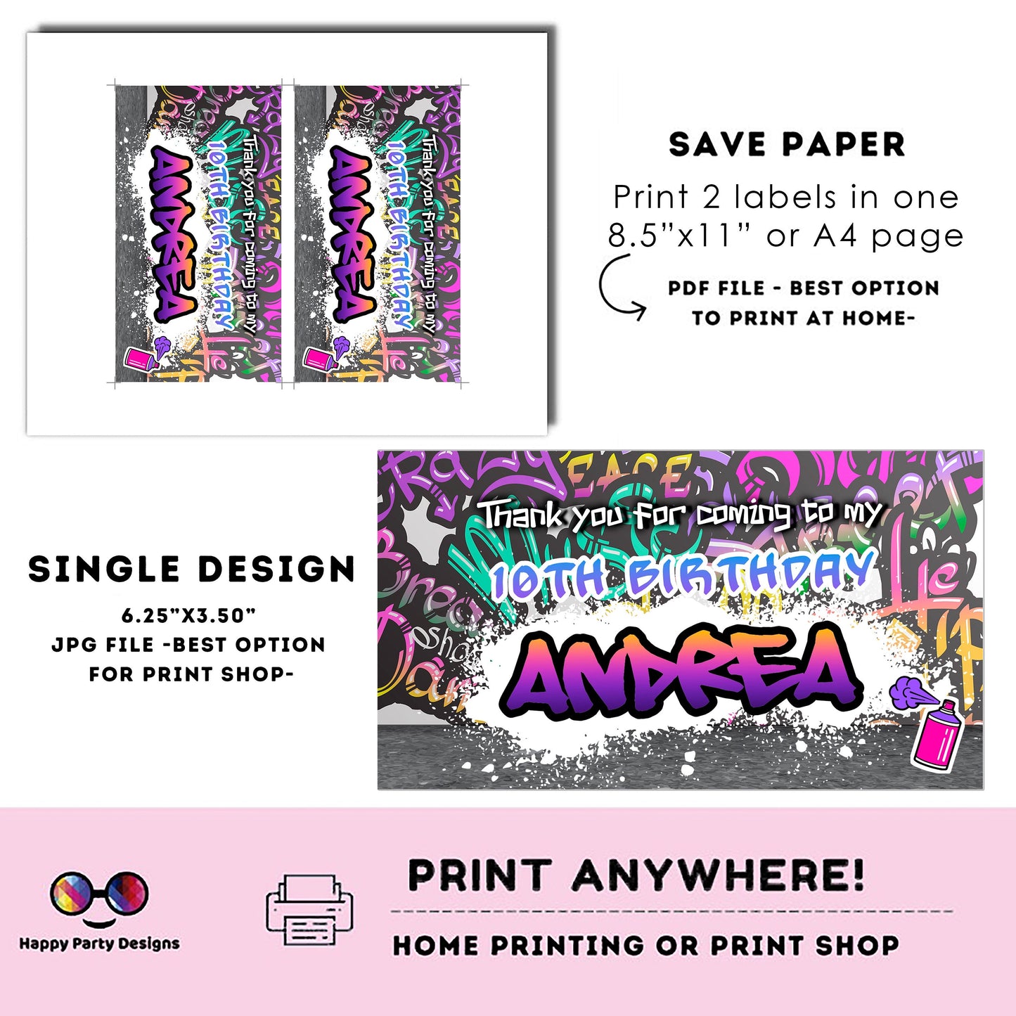 Editable graffiti Birthday Box label | graffiti party | favor box | graffiti birthday party | Girl birthday | Box to print #K2