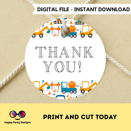 Under Construction Thank you Tag | Instant download | Trucks Birthday Party | Trucks party | Under construction Birthday Party | Round Tag