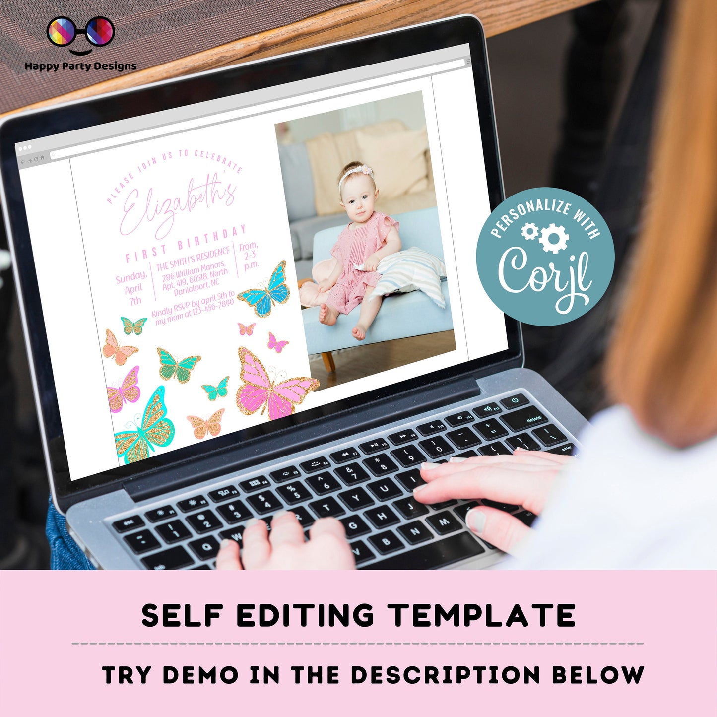 Butterfly Birthday Invitation with photo | Butterflies | Pastel Butterflies | Girl Birthday | Pink Purple Butterfly | Butterfly #0002