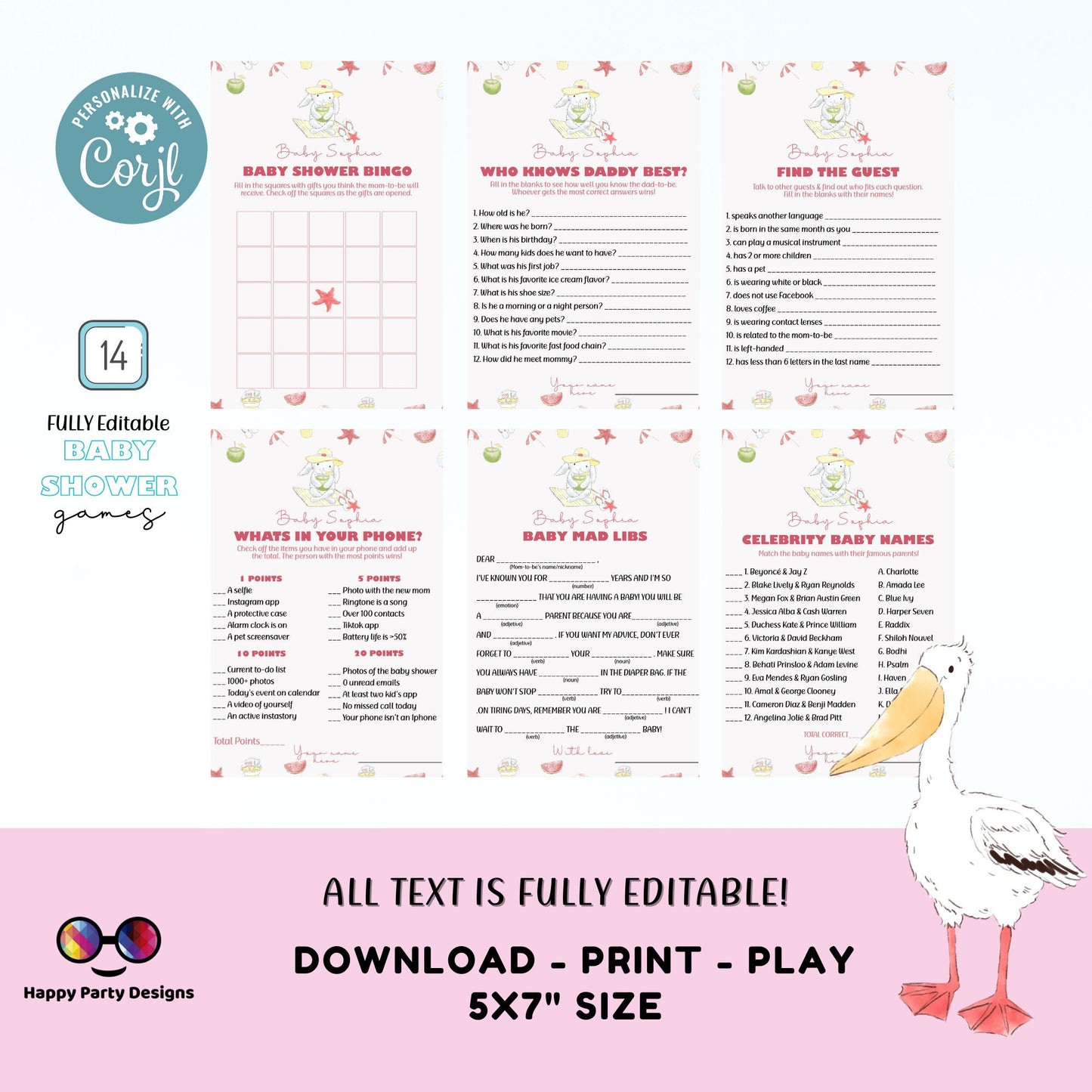 Editable pool baby bash games bundle  | Digital pool party baby shower games | Baby Girl | Pool baby showery |  Summer baby #B2