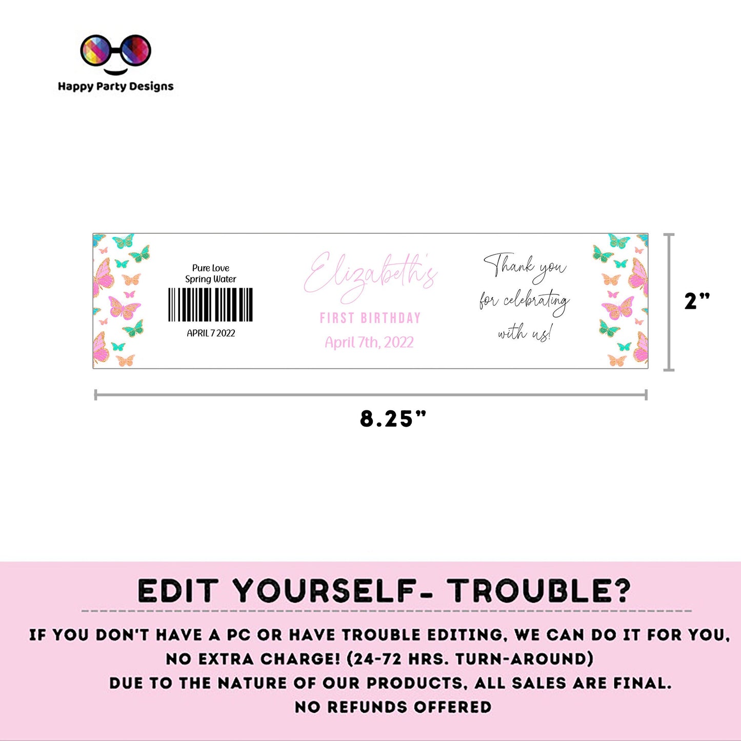 Editable Butterfly water bottle labels | printable labels |  Spring butterflies label | first birthday |  bottle label | girl birthday #0002