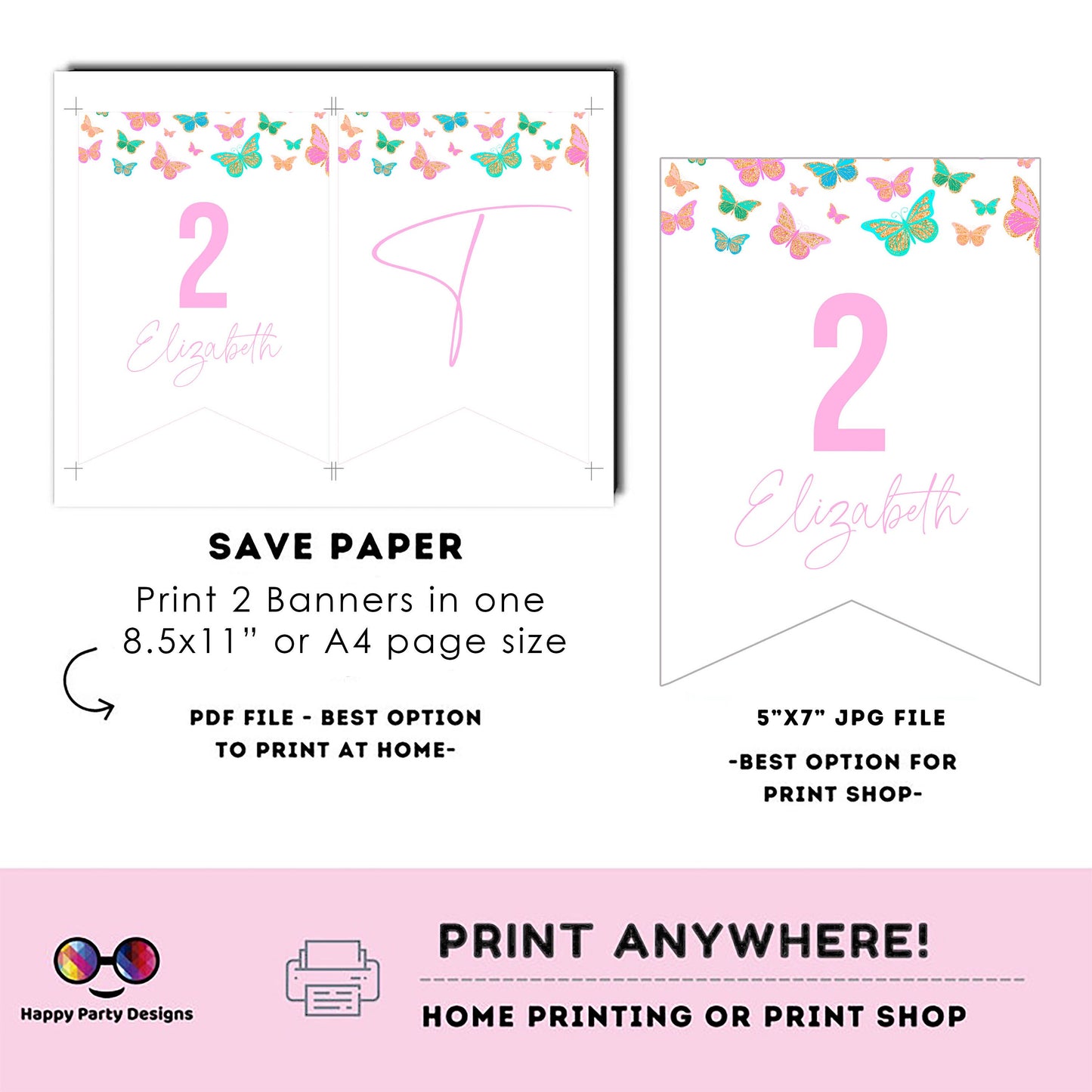 Editable Butterfly TWO Birthday Banner | Spring birthday | 2nd Birthday banner | Butterflies birthday party  |  Two banner to print #0002