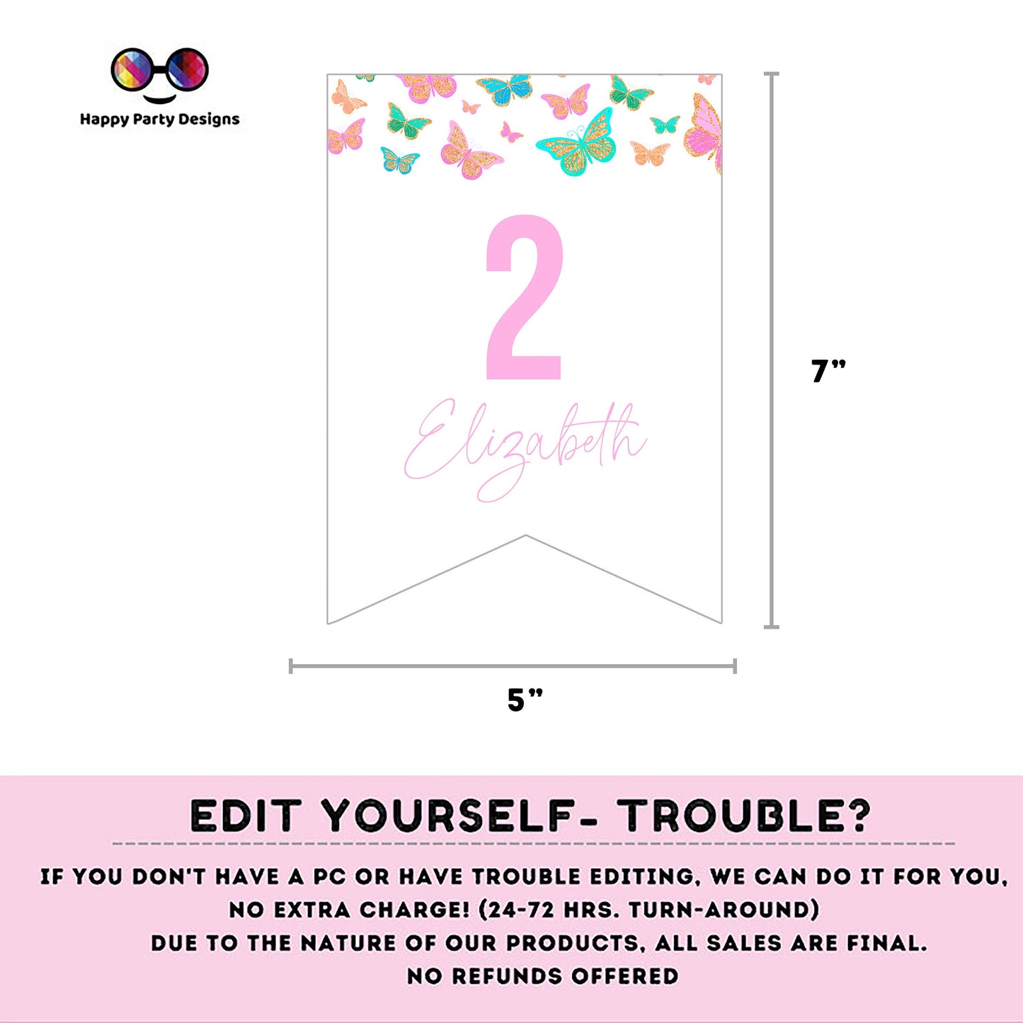 Editable Butterfly TWO Birthday Banner | Spring birthday | 2nd Birthday banner | Butterflies birthday party  |  Two banner to print #0002