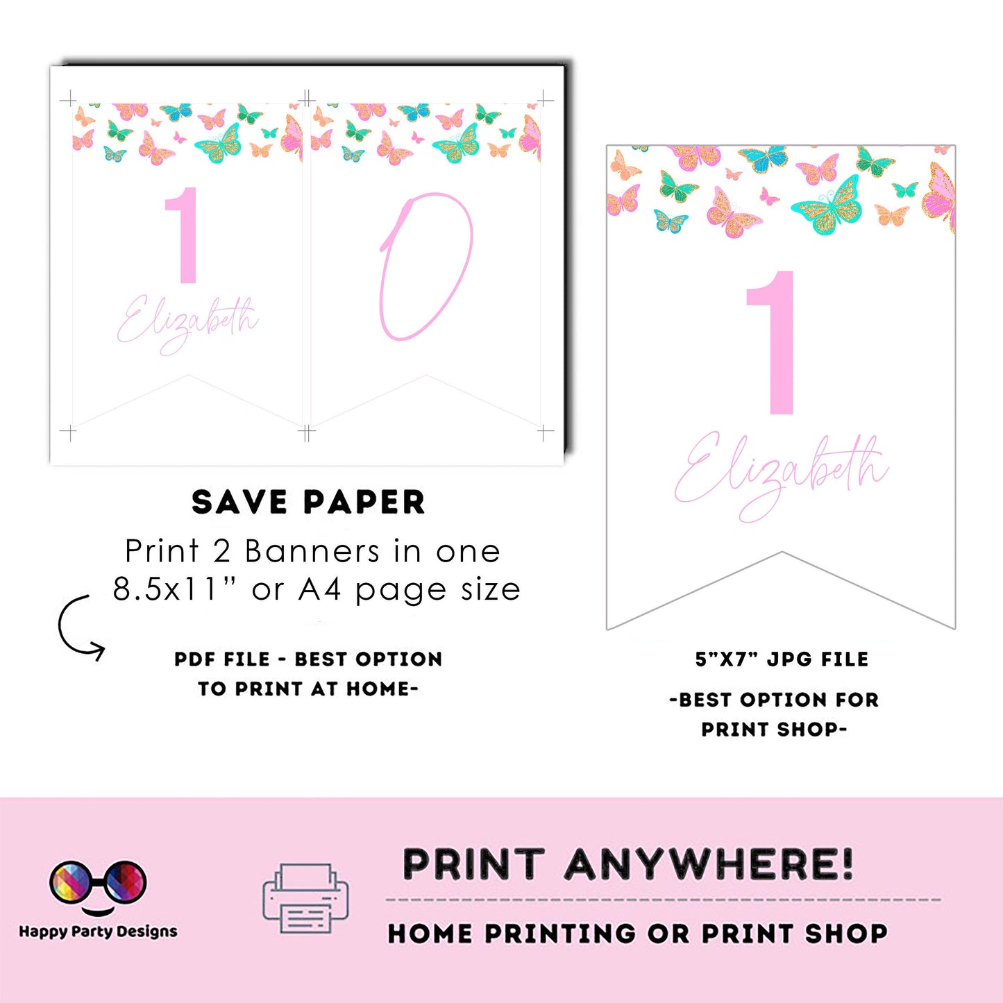 Editable Butterfly One Birthday Banner | Spring birthday | First Birthday banner | Butterfly birthday party  |  One banner to print #0002