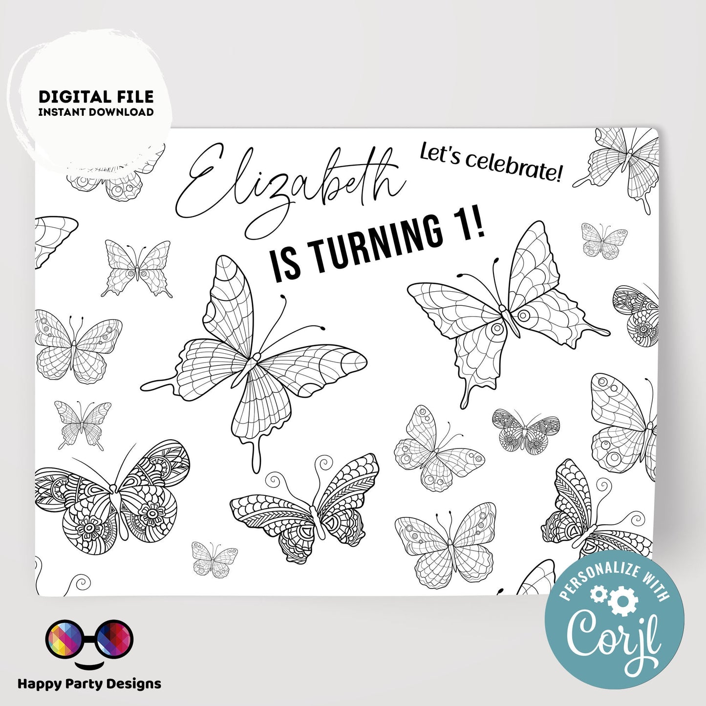 Editable Butterfly coloring Placemat | Spring Birthday | Any Age | Spring party | Butterfly Party decor | Butterfly birthday #0002