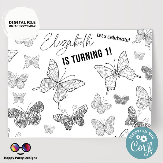 Editable Butterfly coloring Placemat | Spring Birthday | Any Age | Spring party | Butterfly Party decor | Butterfly birthday #0002