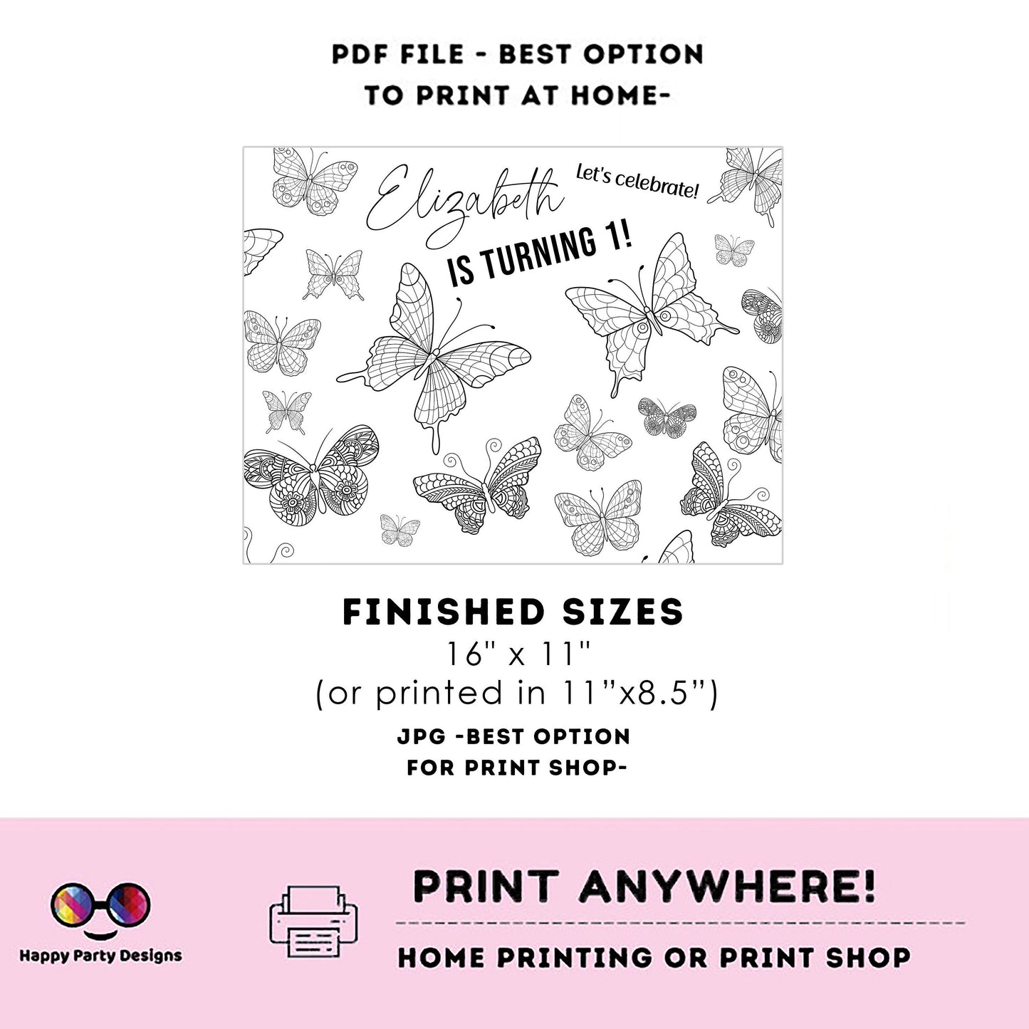 Editable Butterfly coloring Placemat | Spring Birthday | Any Age | Spring party | Butterfly Party decor | Butterfly birthday #0002