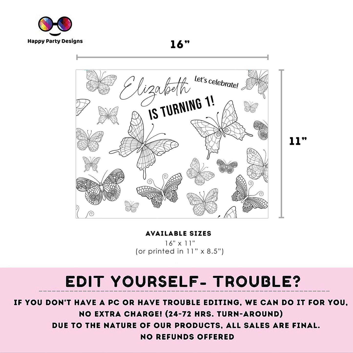Editable Butterfly coloring Placemat | Spring Birthday | Any Age | Spring party | Butterfly Party decor | Butterfly birthday #0002
