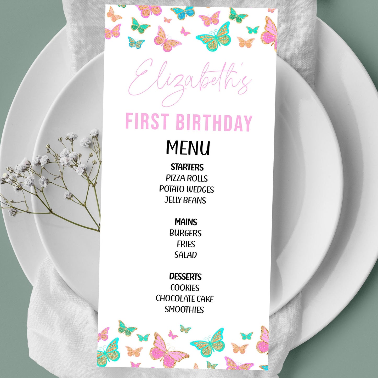 Butterfly Menu Template | Spring birthday | Girl | Butterfly themed party | Party supplies  | Bohemian | Summer | Butterfly menu #0002