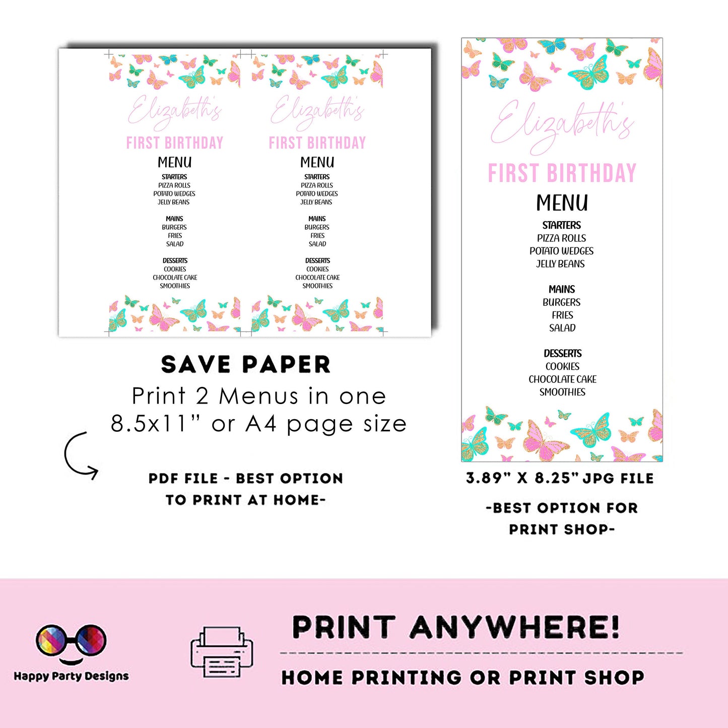 Butterfly Menu Template | Spring birthday | Girl | Butterfly themed party | Party supplies  | Bohemian | Summer | Butterfly menu #0002