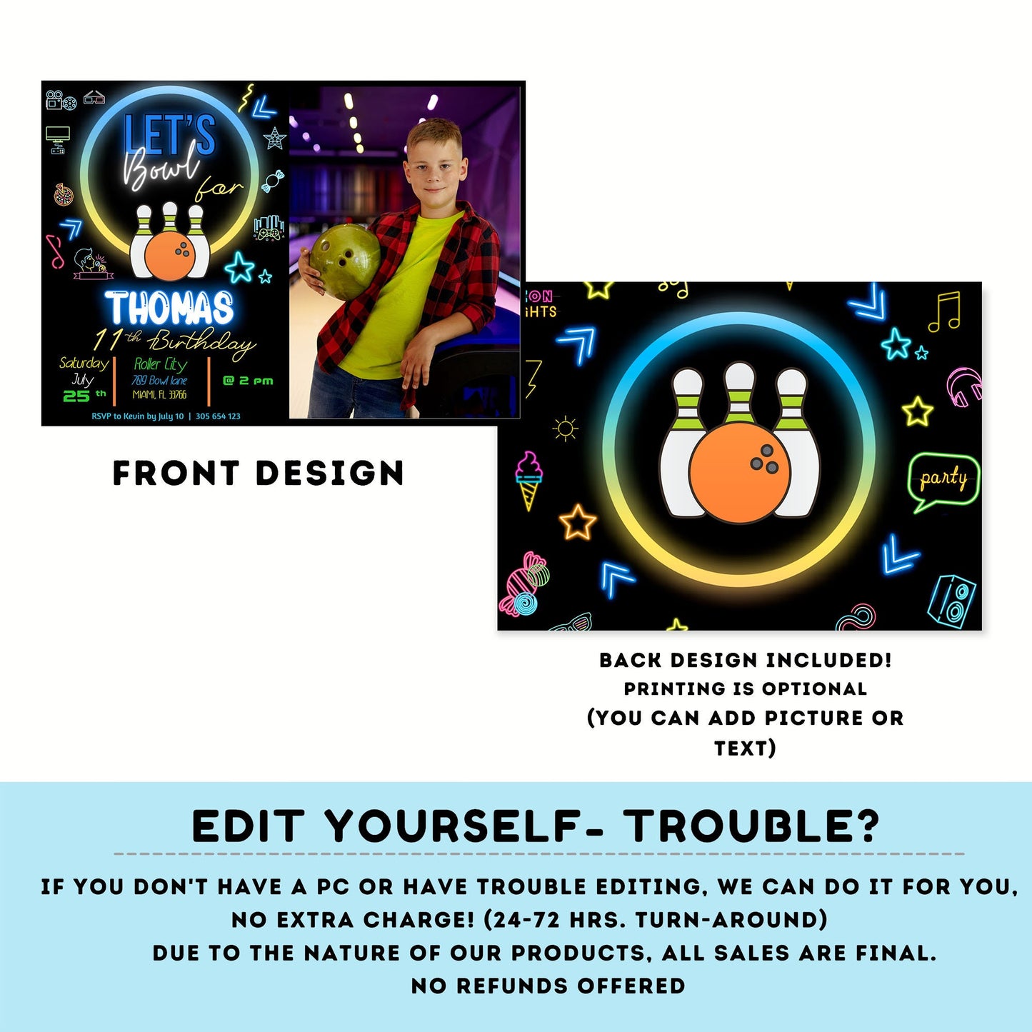 EDITABLE Bowling Birthday Boy with picture | Bowling Boy Invitation | Birthday Boy | invitation with photo | Digital | Neon  Party #0003