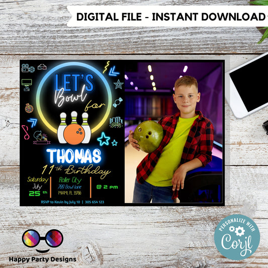 EDITABLE Bowling Birthday Boy with picture | Bowling Boy Invitation | Birthday Boy | invitation with photo | Digital | Neon  Party #0003