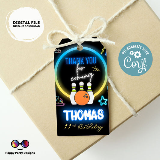 Editable neon bowling Thank you tag | Digital bowling printable thank you tag  | Birthday boy | Neon Thank You tag |  bowling #0003
