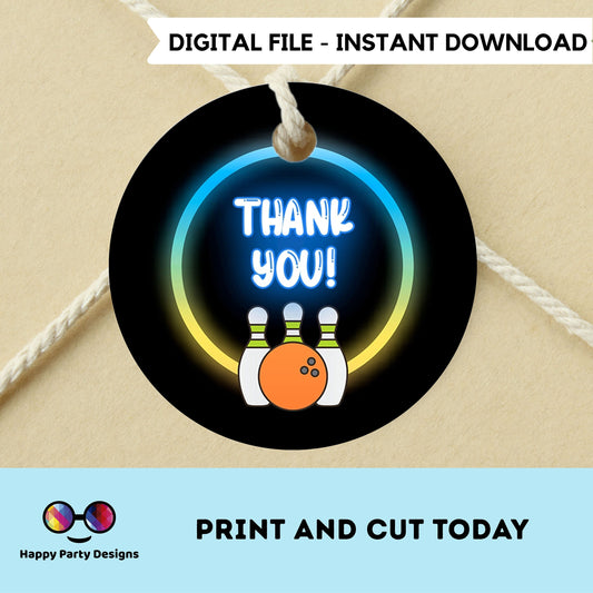 Neon bowling round Thank you tag | Instant printable thank you tag  | Birthday boy | Neon Thank You tag |  bowling #0003