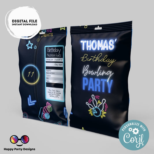 Editable Bowling Chip Bag | Digital Bowling  printable Chip Bag | Party Snack Bowling Birthday boy | Personalized Favors  Corjl | Favors