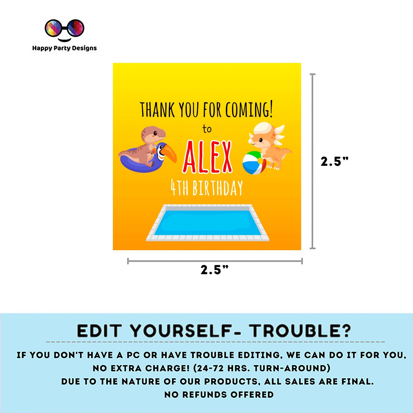 Editable Dinosaur Pool Party Thank you tag | Digital Dinosaur Pool  printable thank you tag | Birthday boy | Dinosaur Pool  Squared tag #K83