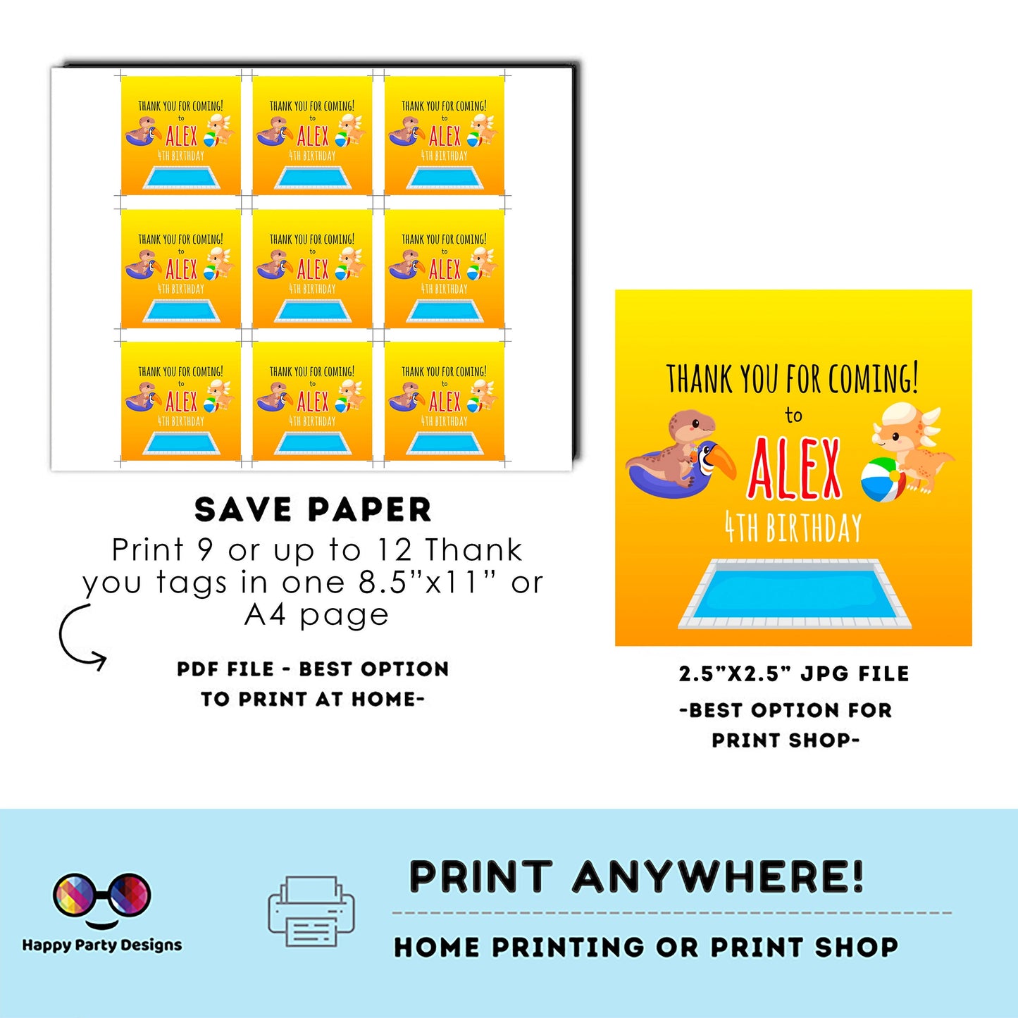 Editable Dinosaur Pool Party Thank you tag | Digital Dinosaur Pool  printable thank you tag | Birthday boy | Dinosaur Pool  Squared tag #K83