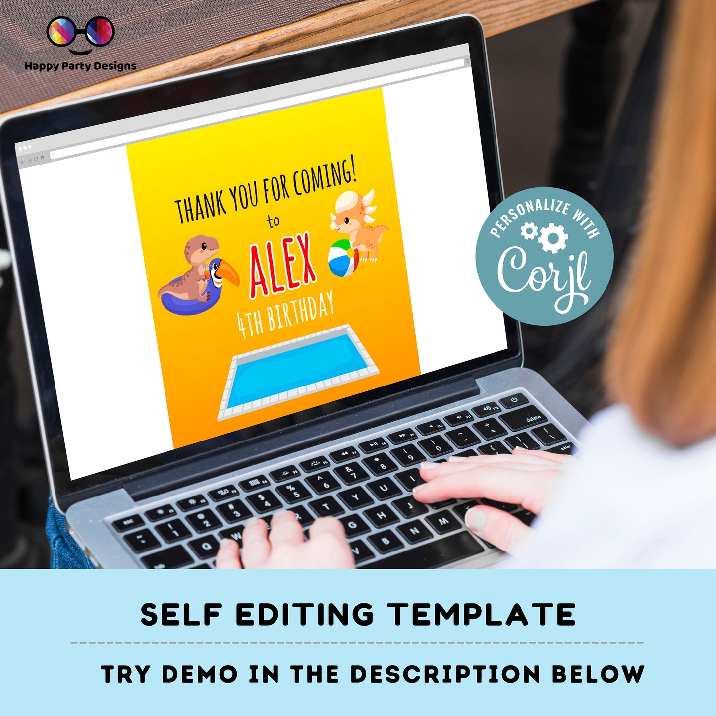 Editable Dinosaur Pool Party Thank you tag | Digital Dinosaur Pool  printable thank you tag | Birthday boy | Dinosaur Pool  Squared tag #K83