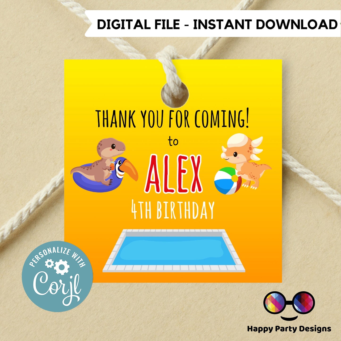 Editable Dinosaur Pool Party Thank you tag | Digital Dinosaur Pool  printable thank you tag | Birthday boy | Dinosaur Pool  Squared tag #K83