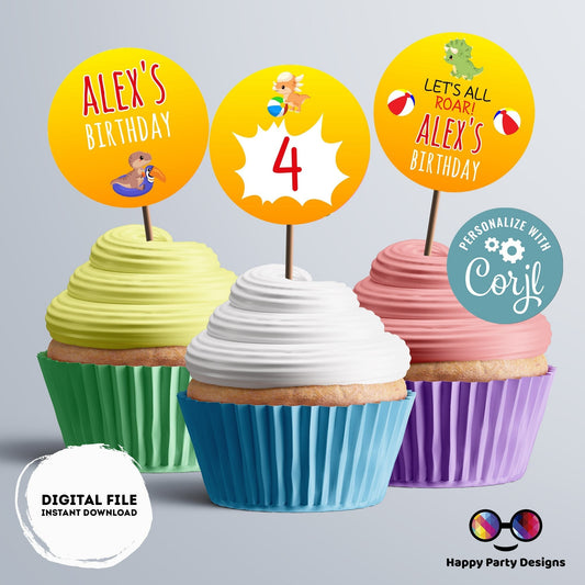 Editable Dino Pool Party  Round cupcake toppers | Dinosaur  birthday | Dino Birthday Party | Dinosaur  Birthday Party | stickers  #K83