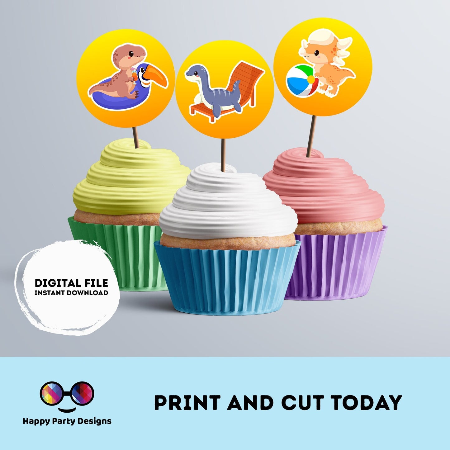 Dino Pool Party Round cupcake toppers | Dinosaur birthday | Dino Birthday Party | Dinosaur themed | Boy Birthday Party | stickers #K83