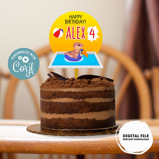 Editable Dinosaur Pool Party Cake Topper |  Dinosaur Pool Party  Birthday Party Cake Topper | Dino Pool Party Cake Topper Centerpieces #K83