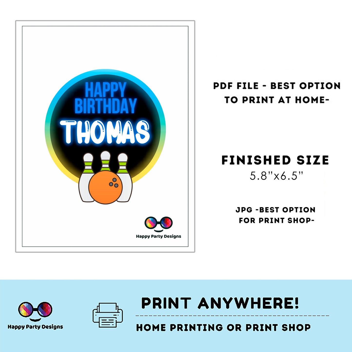 Editable Bowling Cake Topper |  Neon Bowling Birthday Party Cake Topper | Neon Bowling Blue Cake Topper | Centerpieces | Neon Bowling blue