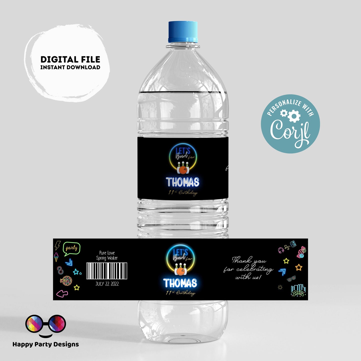 Editable Bowling water bottle labels | digital labels |  printable Bowling labels | Bowling party |  bottle labels | Birthday Boy