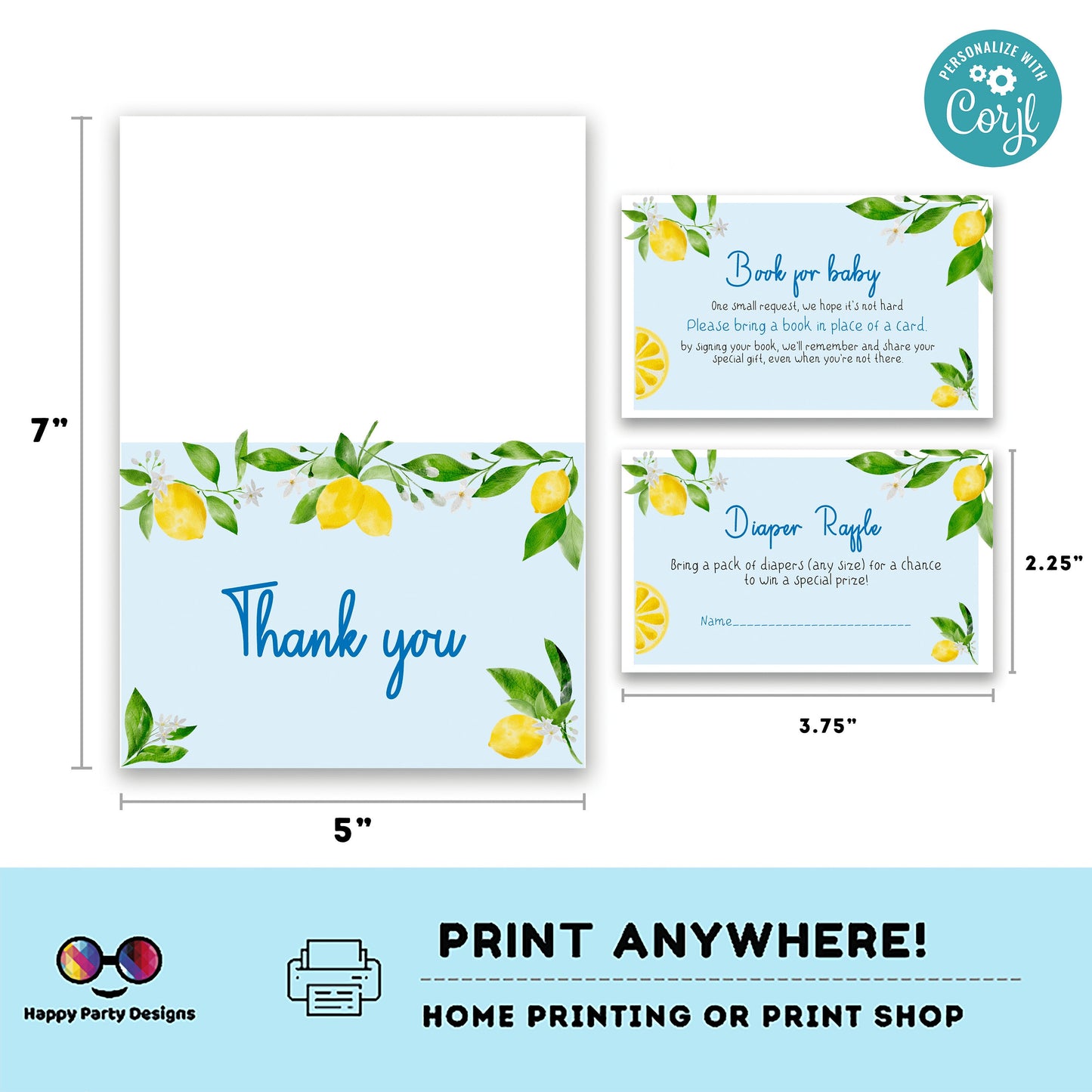EDITABLE Lemon baby shower invitation bundle | diaper raffle, books for baby, thank you tag, thank you| Baby boy | Summer baby shower #B9