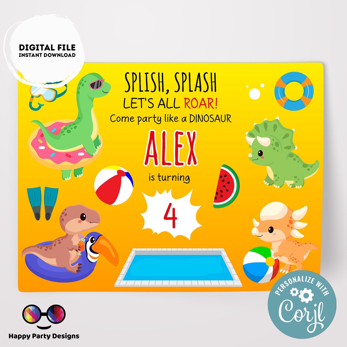 Editable Dinosaur Pool party  placemat | Digital Dinosaur Pool Party printable placemat  | Dino Pool party placemat Personalize Online #K83