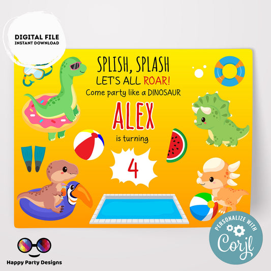 Editable Dinosaur Pool party  placemat | Digital Dinosaur Pool Party printable placemat  | Dino Pool party placemat Personalize Online #K83