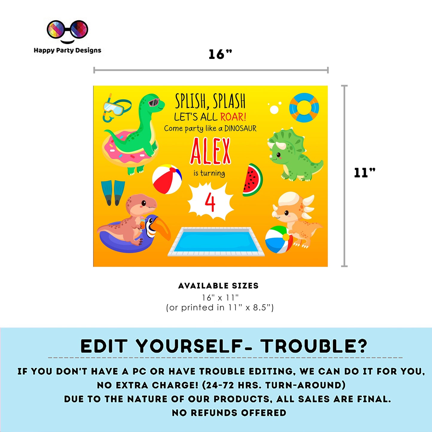 Editable Dinosaur Pool party  placemat | Digital Dinosaur Pool Party printable placemat  | Dino Pool party placemat Personalize Online #K83