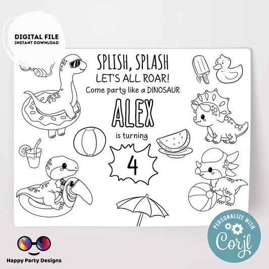 Editable Dinosaur Pool party coloring page | Digital Dinosaur Pool Party printable placemat  | Placemat coloring page Any Age activity #K83