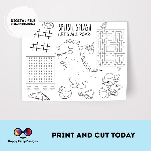 INSTANT DOWNLOAD Dinosaur Pool party coloring page | Dinosaur Pool party Activity games | Dinosaur Activity Page Dinosaur Placemat #K83