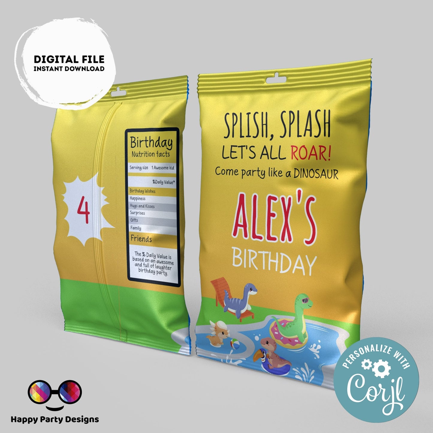 Editable Dinosaur Pool Party Chip Bag | Digital Dinosaur Pool Party printable Chip Bag | Party Snack Dinosaur Pool Party Personalized  #K83