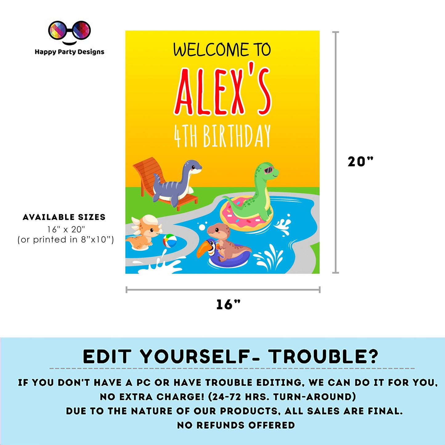 Editable Dinosaur Pool Party Welcome Sign | Dinosaur birthday | Girl | Boy | Dinosaur Welcome Sign | Dinosaur pool party  Decor  #K83