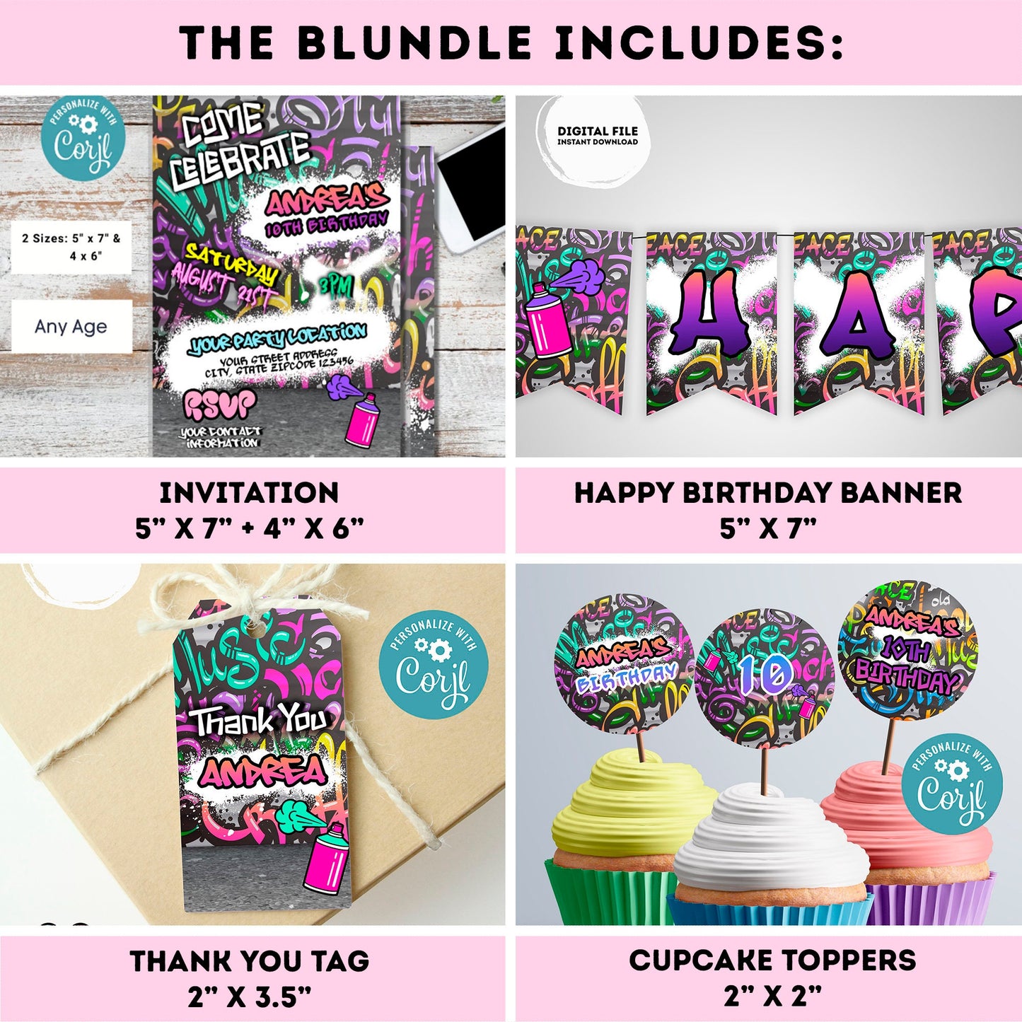 EDITABLE graffiti invitation bundle | birthday banner, cupcake toppers, thank you tag, sign | girl birthday | 90's party | teens party #K2