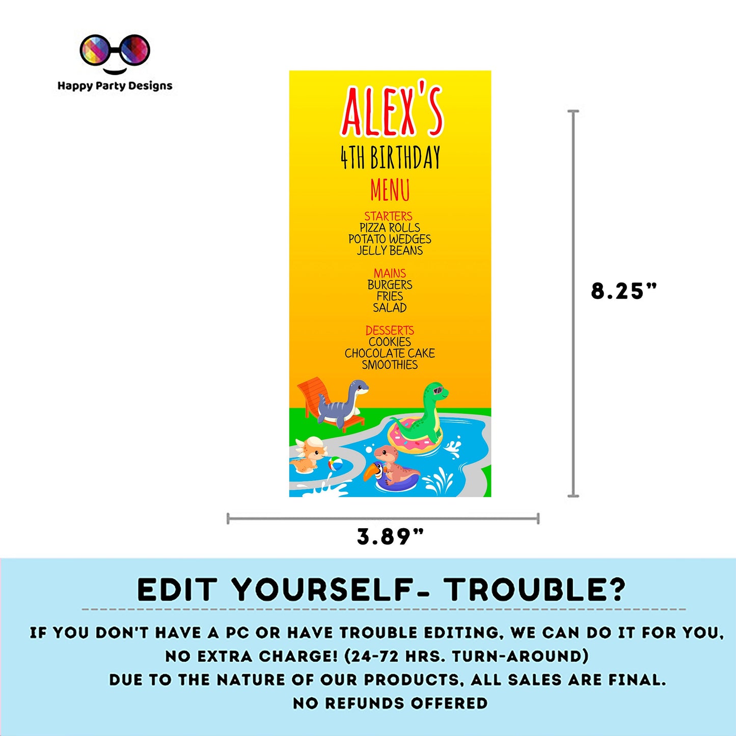 Editable Dinosaur Pool Party Menu | Digital Dinosaur Pool Party printable menu  | Birthday boy | Dinosaur menu | Personalize Online #K83
