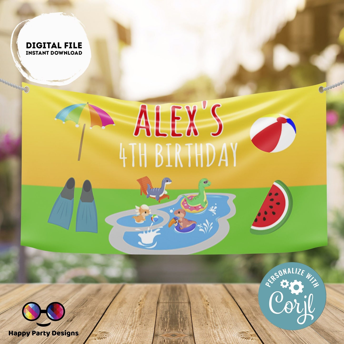 Editable Dinosaur Pool Party Backdrop Banner  | Digital Dinosaur printable Backdrop Banner  | Dinosaur Pool party | Personalize Online #K83