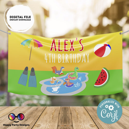 Editable Dinosaur Pool Party Backdrop Banner  | Digital Dinosaur printable Backdrop Banner  | Dinosaur Pool party | Personalize Online #K83