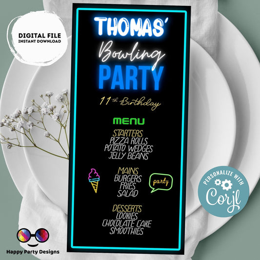 Editable Bowling Menu | Digital Bowling printable menu  | Birthday boy | Bowling menu | Personalize Online