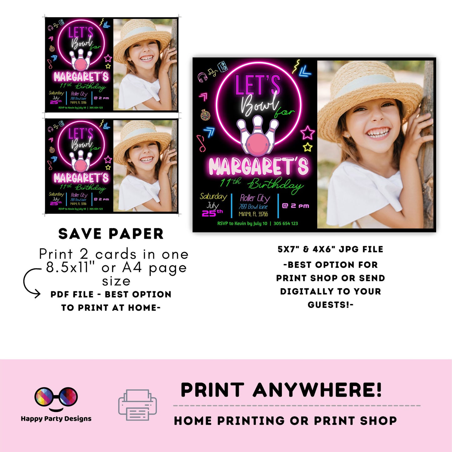 EDITABLE Bowling Birthday Girl with picture | Bowling Girl Invitation | Birthday Girl | invitation with photo | Digital | Neon Party #KID3