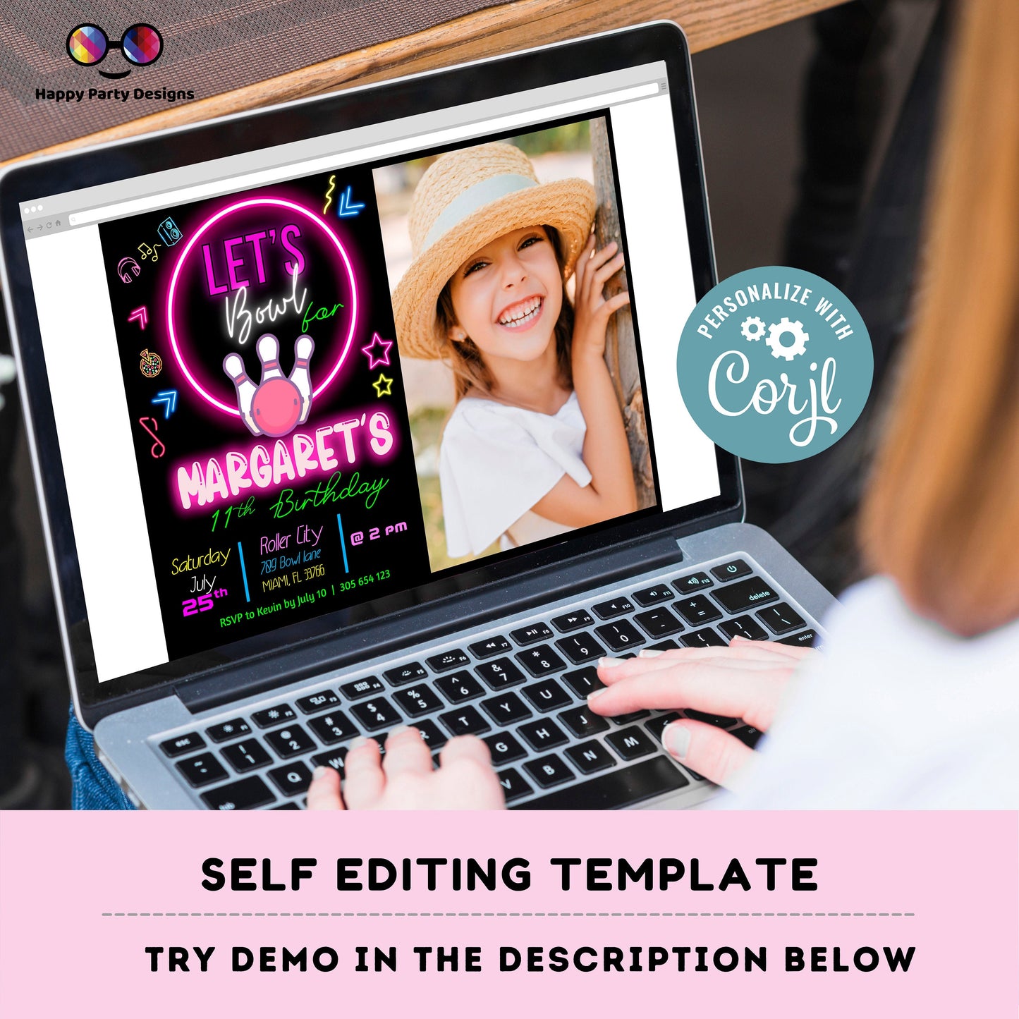 EDITABLE Bowling Birthday Girl with picture | Bowling Girl Invitation | Birthday Girl | invitation with photo | Digital | Neon Party #KID3